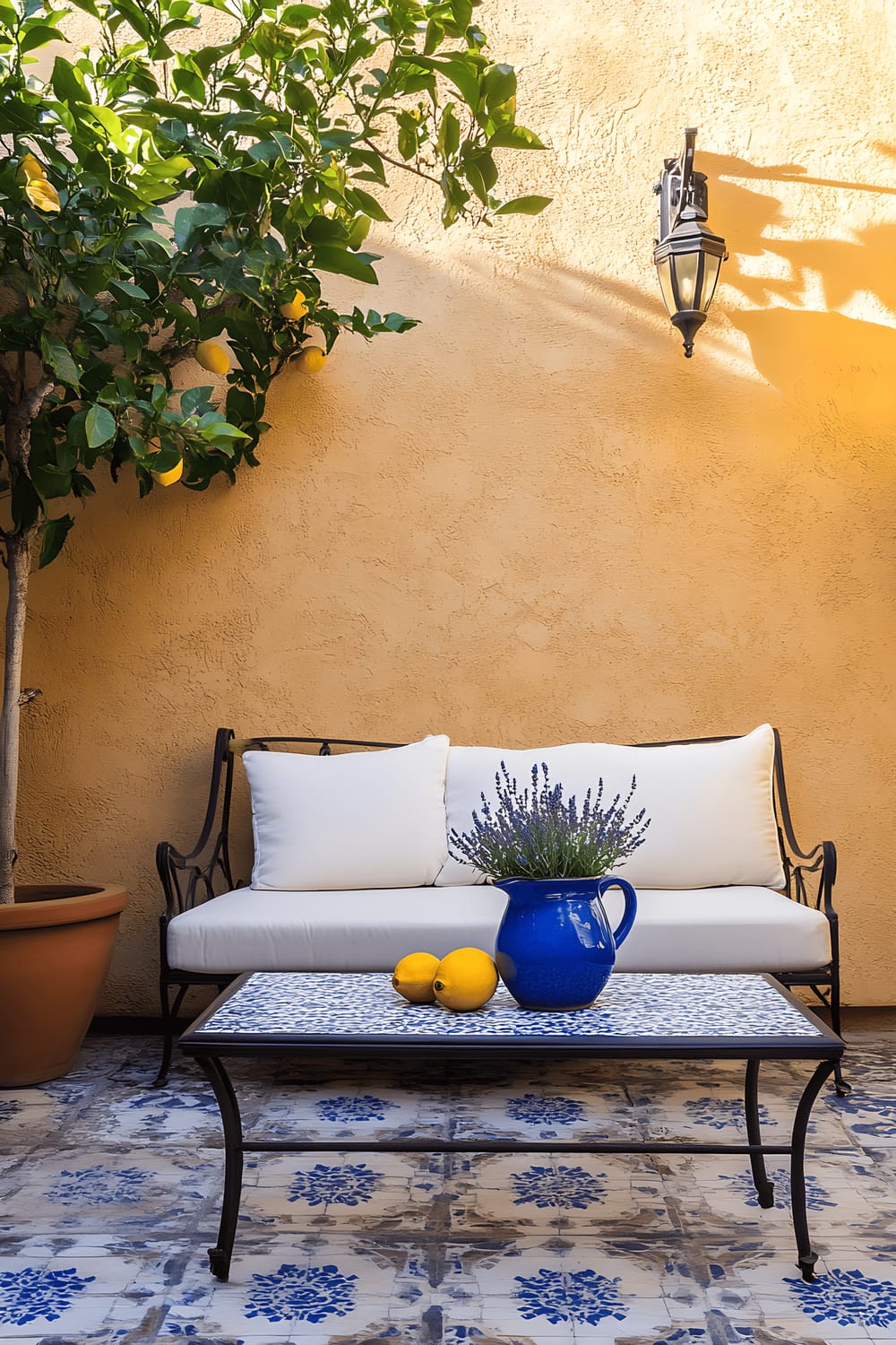 A small back patio featuring a mosaic tiled floor in vibrant shades of blue and white. A black wrought-iron love seat with plush white cushions is situated next to a terracotta pot housing a lush lemon tree. A low coffee table, echoing the mosaic pattern of the floor, holds a blue ceramic pitcher filled with freshly picked lavender. The background showcases a textured stucco wall bathed in golden sunlight, decorated with a simple, yet charming, wrought-iron wall sconce.