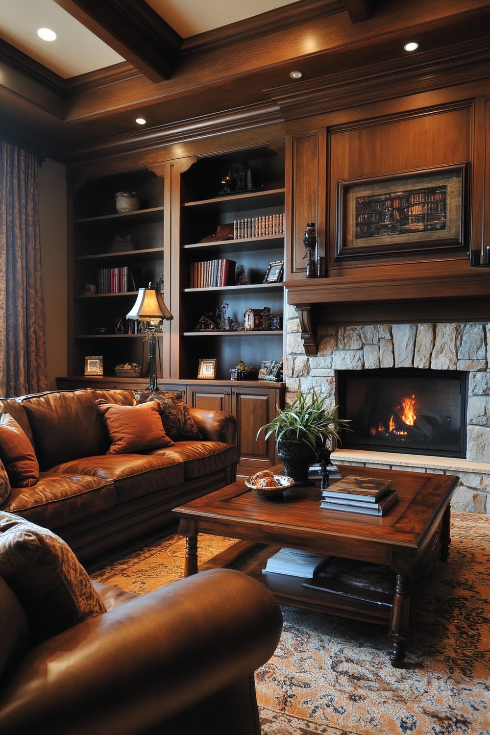 A rustic living room features a dark brown leather sofa and a cognac-colored leather armchair positioned around a large stone fireplace. The fireplace has a live-edge wood mantel and is flanked by built-in bookshelves filled with various wooden and metal decor and books. A wooden coffee table sits atop a patterned rug, with earth-toned pillows and decor accessories enhancing the room's cozy, masculine vibe.