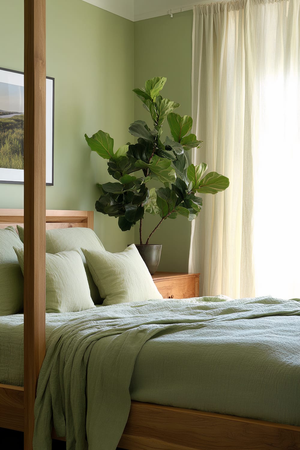 A serene bedroom with light green walls, featuring a wooden canopy bed dressed in green linen sheets and pillows. On the right side, there is a wooden dresser adorned with a potted fiddle leaf fig plant. Soft daylight filters through sheer white curtains. A single landscape photograph hangs on the wall above the bed.