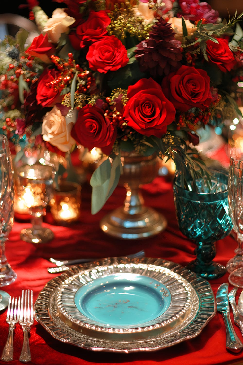 A vintage-inspired Thanksgiving table setting features bold red and turquoise colors, with a bright red tablecloth, antique silverware, and ornate vintage glassware. A striking floral arrangement with red and white roses and greenery is placed in the center, highlighted by soft candlelight in transparent and metallic holders, creating a dramatic and nostalgic atmosphere.