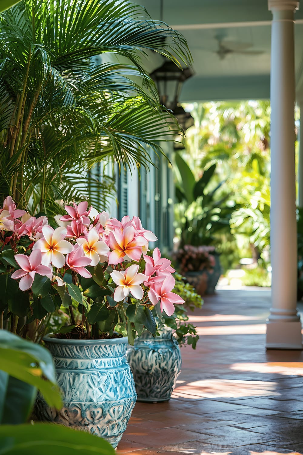 A delightful coastal Florida home with a vast front porch is shown in bright morning sunlight. The front of the house is adorned with multiple colorful plumeria plants in decorative ceramic pots. Tall, lean palm trees surround the house, adding a tropical flair to the scene. The brilliant sunlight highlights the soft pastel shades of the plumeria and the lush green of the palm fronds.