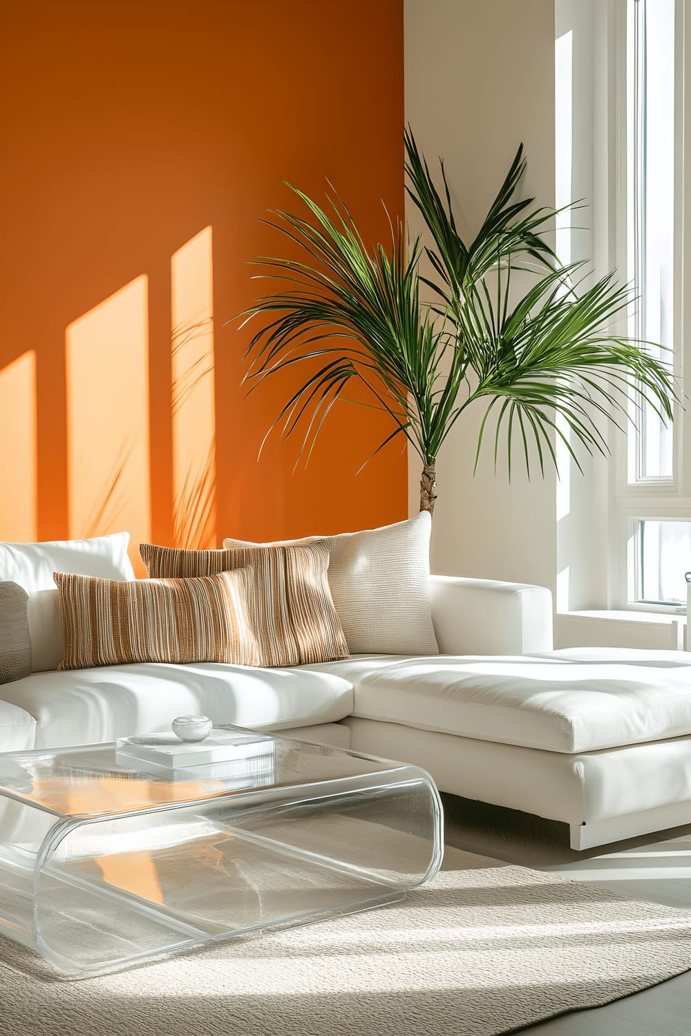 A spacious living room designed in a minimalist style featuring a vibrant orange feature wall. The room is furnished with a sleek white sofa, a clear acrylic coffee table, and a Ponytail Palm plant adding a touch of nature. Multiple windows allow for ample natural light that bounces off the orange wall, giving the room an energized feel.