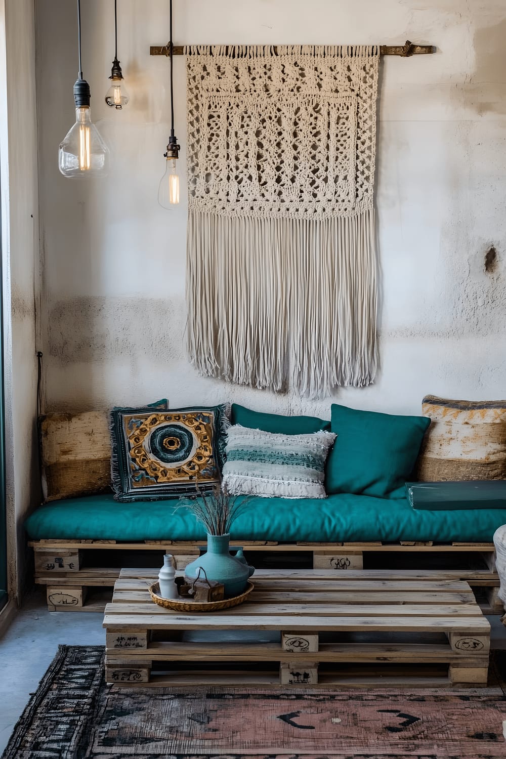 A compact living room with a repurposed wooden pallet sofa featuring teal cushions, a reclaimed coffee table with vintage ceramic vases, and a large macramé wall hanging. An Edison bulb lamp provides a warm light with natural day light streaming in from a nearby window.