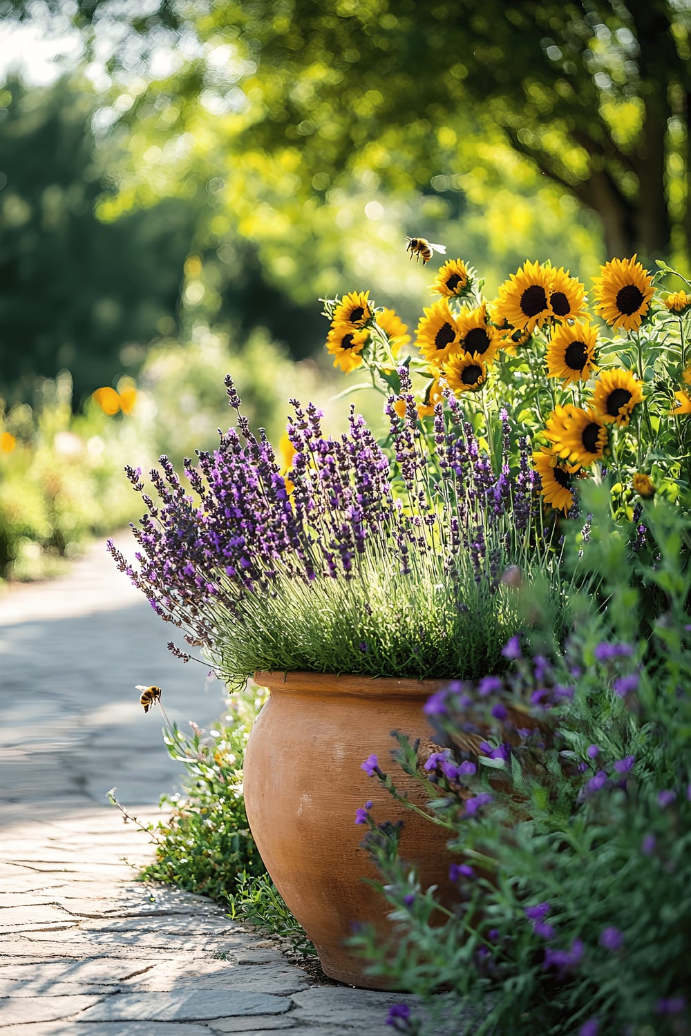 A generous terracotta planter sits along a rustic stone path, brimming with lavender, sunflowers, and thyme, accompanied by bees buzzing around collecting nectar. The sunlight casts golden hues over the vibrant and cheerful blooms, enhancing the serene nature of this outdoor setting.