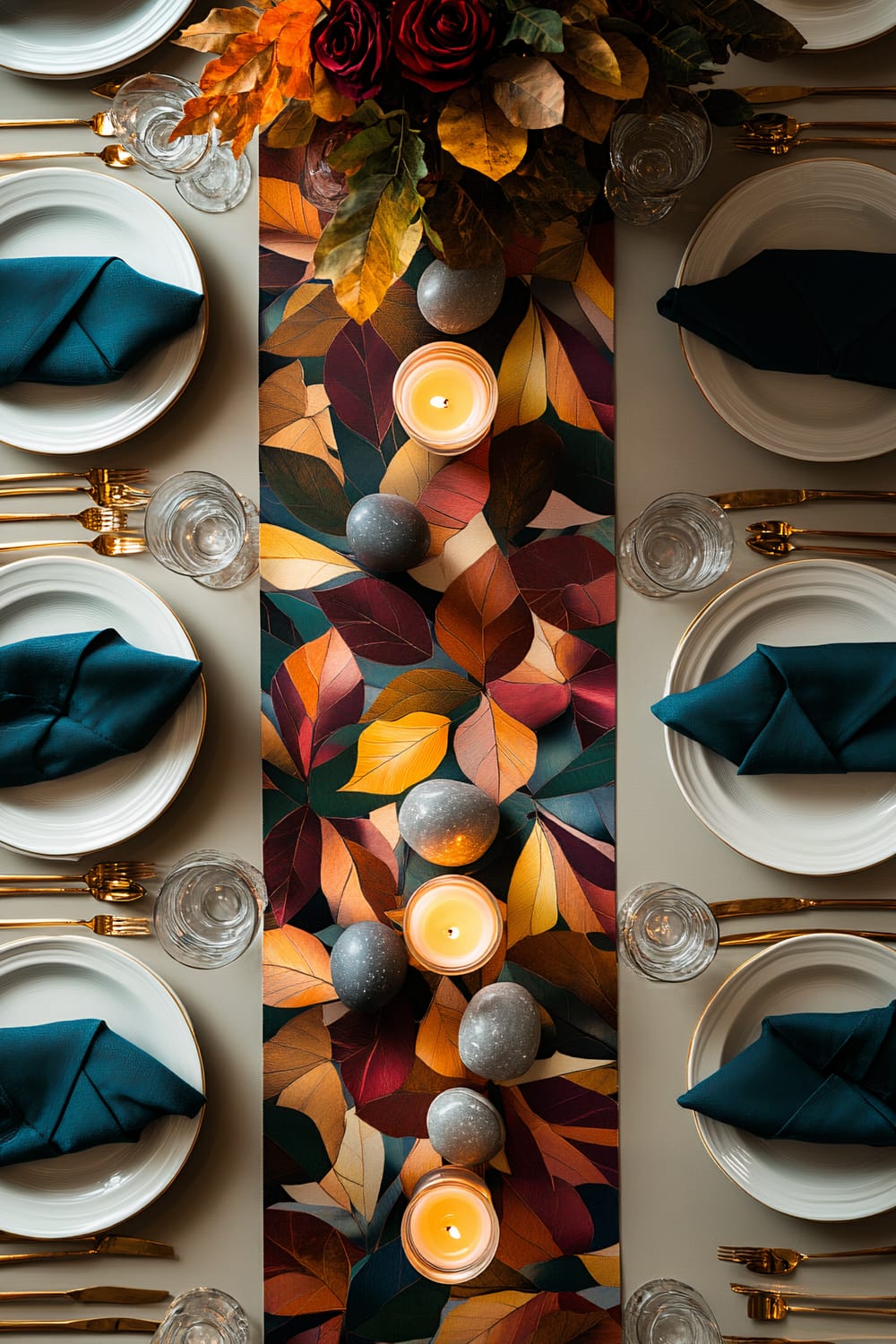 A beautifully set table is displayed from an overhead view, focusing on the autumnal-themed decor. A runner with an attractive pattern of colorful leaves ranging from deep reds and oranges to green and yellow runs down the center of the table. Stone-like decorative spheres and glowing candles adding warmth and elegance are placed along the length of the runner. Place settings for six are visible, each featuring white dishes with gold rims, deep teal napkins folded into neat shapes, and complementing gold cutlery. Clear glassware accompanies each setting, contributing to the refined ambiance.