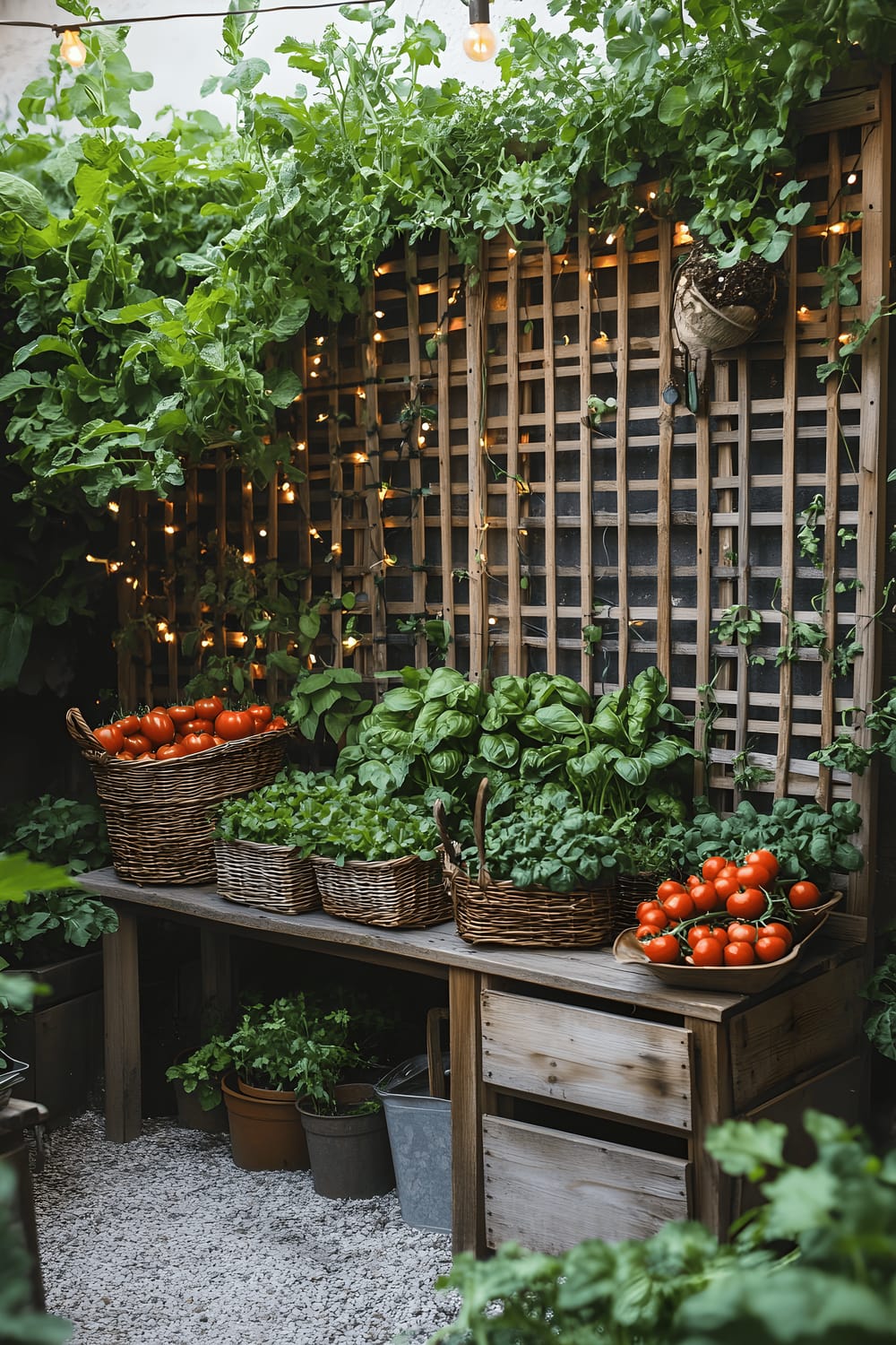 A DIY-inspired garden corner on a back patio featuring cedar planter boxes overflowing with fresh herbs and vegetables, including basil, mint, cherry tomatoes, and curly parsley. A trellis in the backdrop has climbing peas intertwined with fairy lights. A small reclaimed wood bench holds gardening tools and a basket of freshly picked produce.