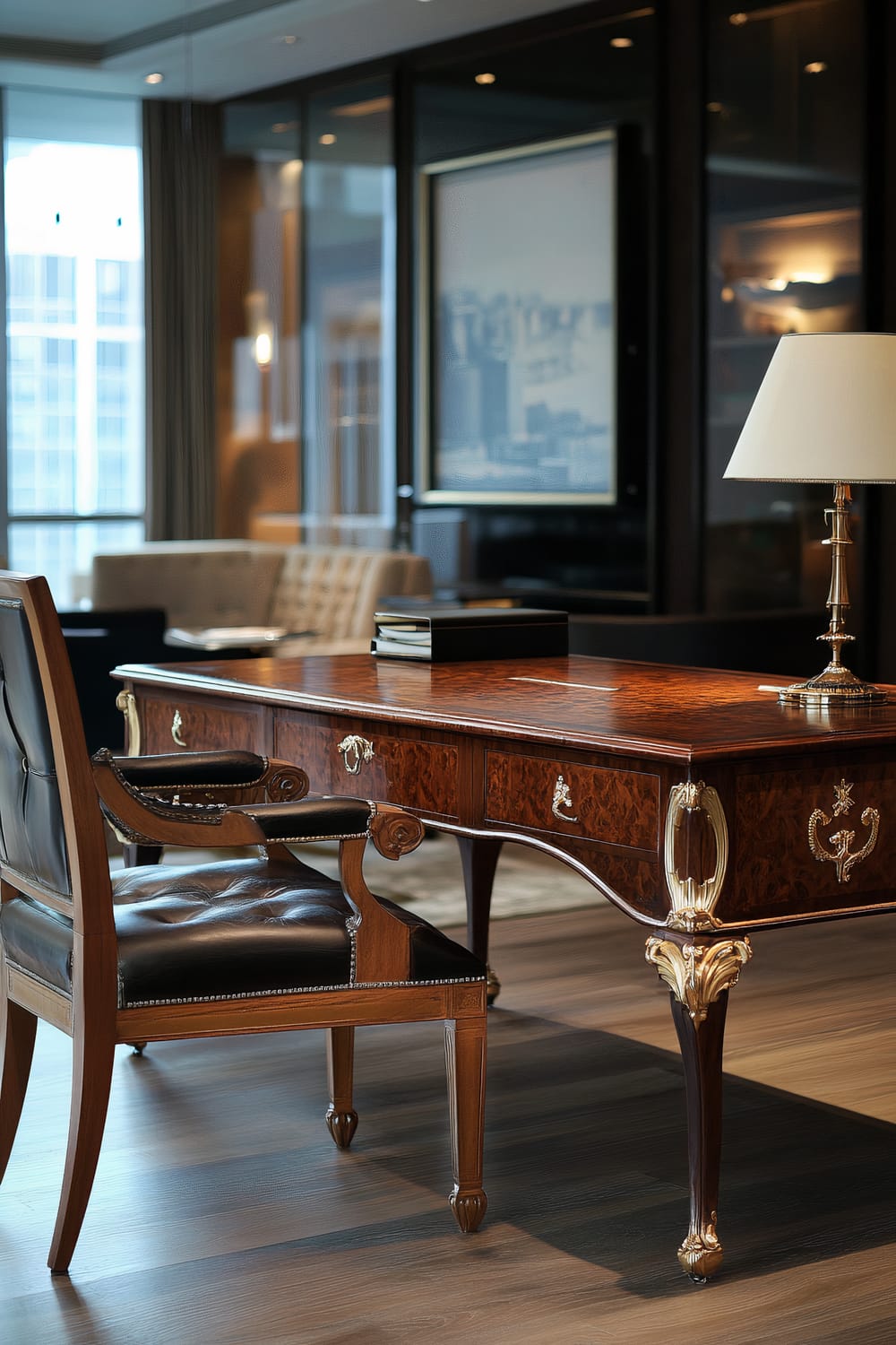 Luxurious office interior with an ornate wooden desk, cushioned leather chair, and elegant decor. The desk has elaborate carvings and gold accents, topped with a classic lamp. Large windows in the background allow natural light to flood the space, which has a modern setting with comfortable seating in the background.