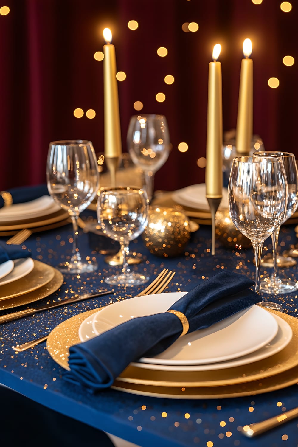 A stylishly set dining table featuring deep navy blue metallic placemats and gold napkins elegantly folded beside each gold-rimmed white plate. The table also has silver flatware and crystal wine glasses filled with sparkling wine. At the center of the table sits a centerpiece comprised of three gold candle holders and a scattering of ten small gold confetti pieces. The table is lit with bright, soft lighting against a backdrop of a rich burgundy velvet curtain.