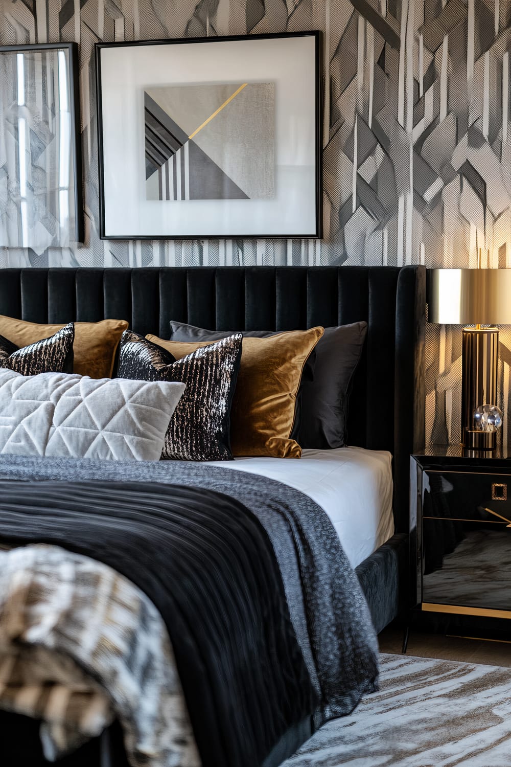 A modern bedroom with a geometric theme. The bed has a dark velvet headboard and is adorned with various textured pillows in black, white, and gold. The bedspread is dark and ribbed, with additional blankets at the foot. Two graphic art pieces hang above the bed, complementing the geometric wallpaper. A black nightstand with gold accents and an elegant lamp is positioned beside the bed.