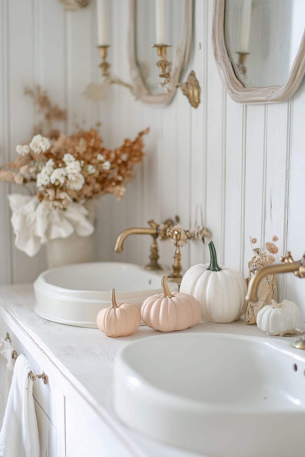 A bathroom scene with a dual sink vanity. The decor includes small white and peach-colored pumpkins arranged on the countertop, gold-toned faucets, and a delicate bouquet of dried flowers in a white vase. The background features white paneled walls with two ornate mirrors and candle sconces above the sinks.