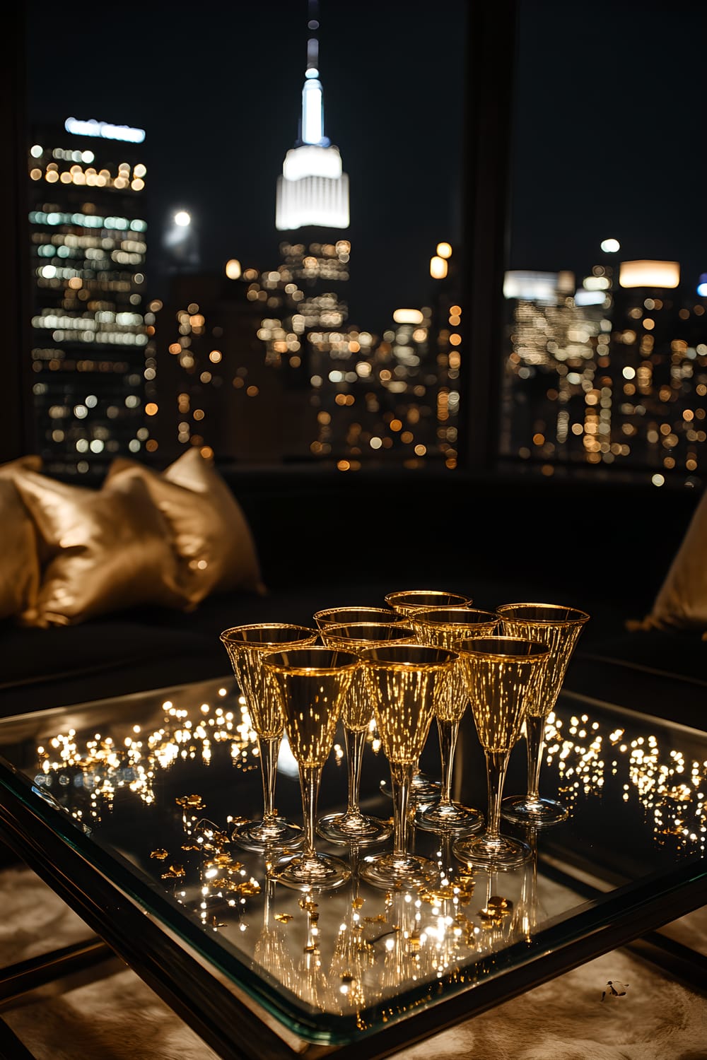 A luxurious New Year's Eve setup in a spacious penthouse living room with panoptic views of a nocturnal city skyline. In the center of the room is an elegant glass coffee table adorned with five champagne flutes, each rimmed in gold, and scattered gold confetti. Arrayed behind the table is a floor-to-ceiling window that uncovers the glittering city lights while warm fairy lights are draped across the room's ceiling. The pleasant, soft ambient lighting accentuates the stylish decor of the room.