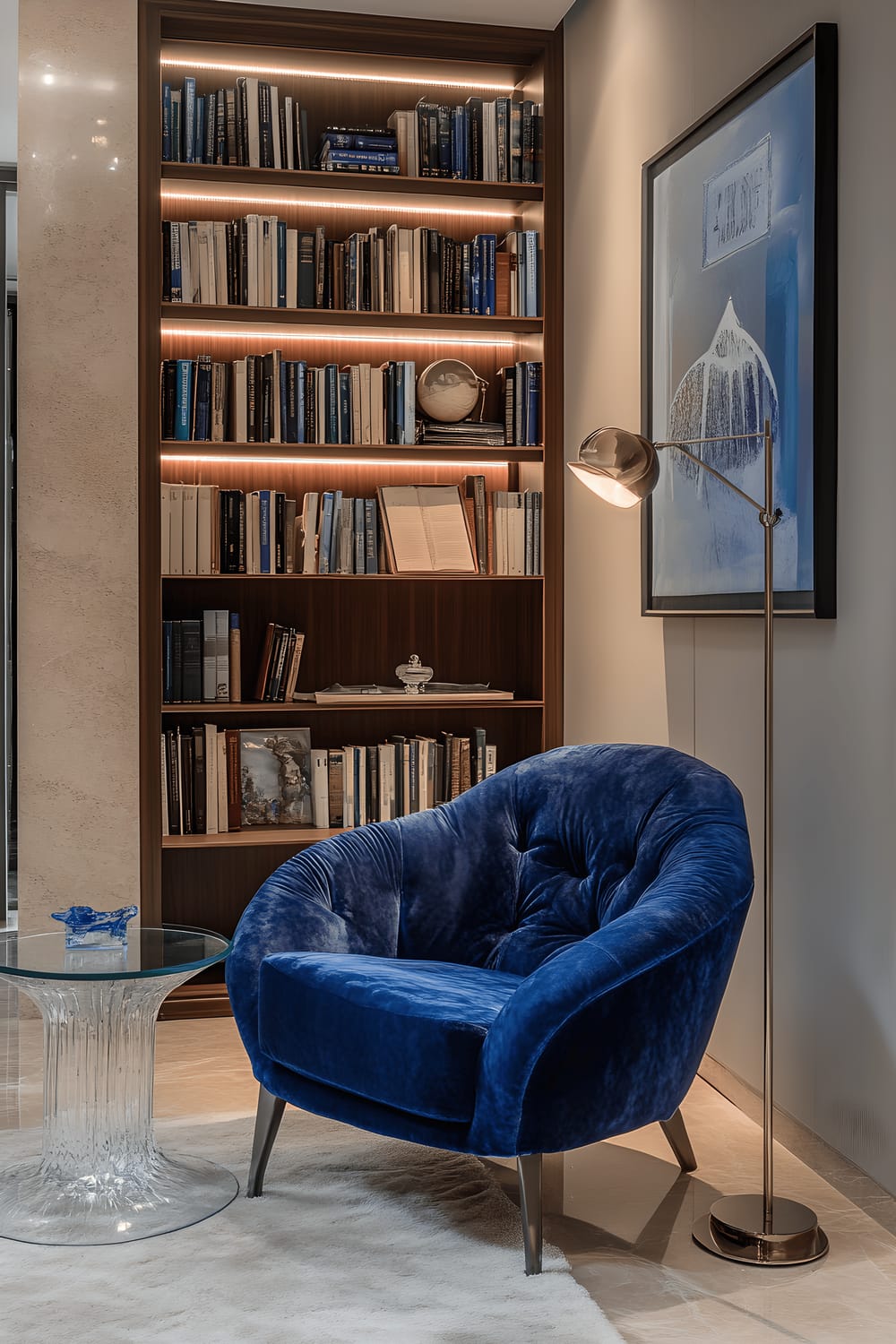 A bird's-eye view of a reading corner in a room featuring a plush royal blue armchair, a sleek glass side table, modern floor lamp providing soft ambient light, and a tall bookshelf stocked with various books against a light gray wall.