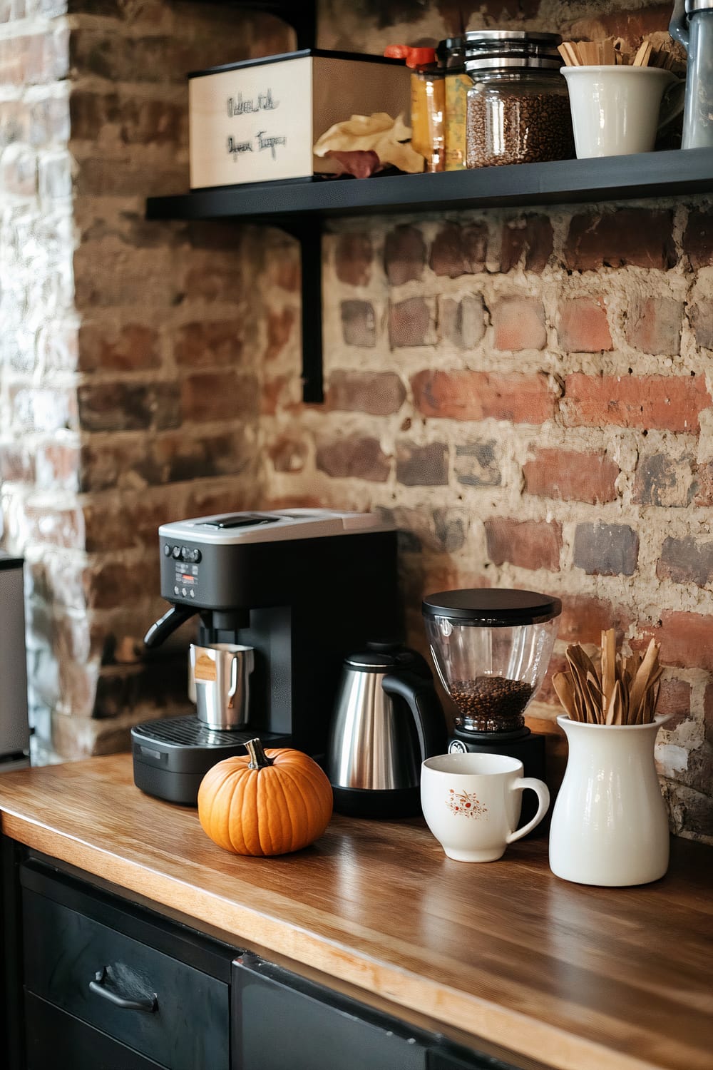 A cozy kitchen corner featuring a wooden countertop with a coffee maker, stainless steel kettle, coffee grinder, white ceramic mug, and a white jug with wooden stirrers. A small pumpkin sits on the countertop, and the background features an exposed brick wall with a black shelf above holding various containers.