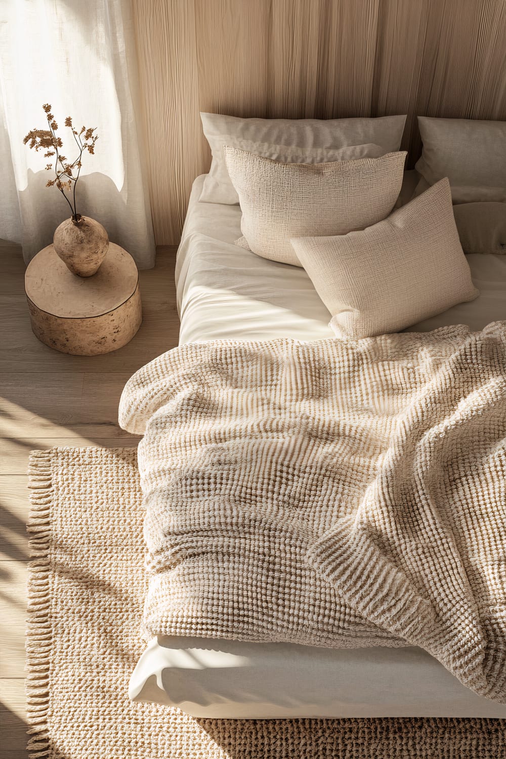 A top-down view of a modern bedroom with a bed featuring artisanal, handwoven bedding in neutral shades, composed of a textured blanket and several pillows. Natural light streams in, highlighting the fabric's intricate patterns. A rustic ceramic vase with dried flowers is on a wooden side table beside the bed. The decor includes minimalist furniture and a woven rug, creating a serene and inviting atmosphere.