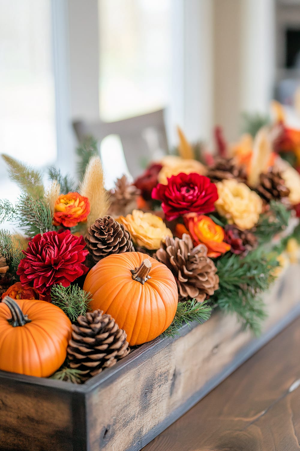 A rectangular wooden centerpiece filled with autumn decorations. The arrangement includes small orange pumpkins, pine cones, red and yellow flowers, and green foliage. The centerpiece sits on a wooden table, with soft natural light filtering in from windows in the background.