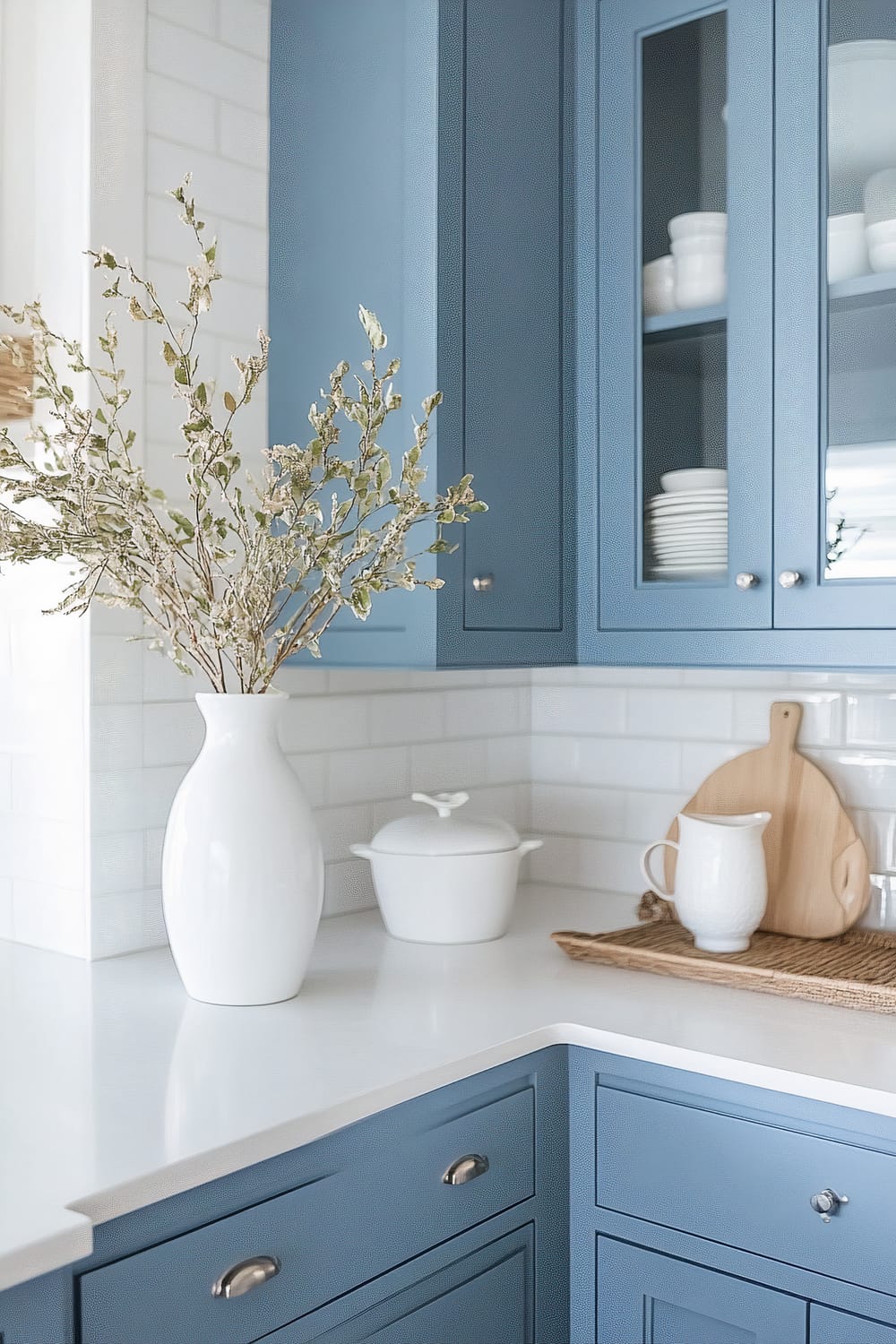 An elegant kitchen corner features serene blue cabinetry paired with pristine white countertops and a classic subway tile backsplash. A large, white ceramic vase filled with delicate, light-colored branches adds a touch of nature and artful decor. On the counter, there is a lidded white ceramic pot, a white pitcher, and wooden cutting boards displayed against the wall, adding both utility and rustic charm.