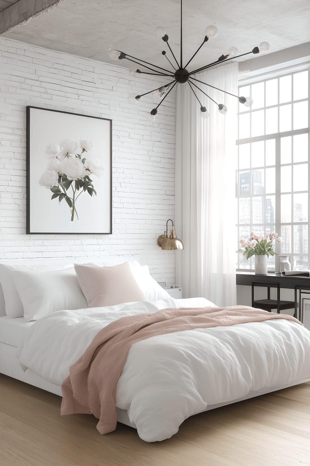 A spacious loft bedroom with exposed white brick walls and light oak flooring. The room features a minimalist white platform bed accented with a single pastel pink pillow. Hanging above the bed is a large, matte black industrial-style chandelier. A sleek white nightstand on one side of the bed holds a vintage brass lamp and a ceramic vase with fresh peonies. Natural light pours in from a large window adorned with sheer white curtains, illuminating a black metal desk with a neatly organized workspace that has a small potted succulent.