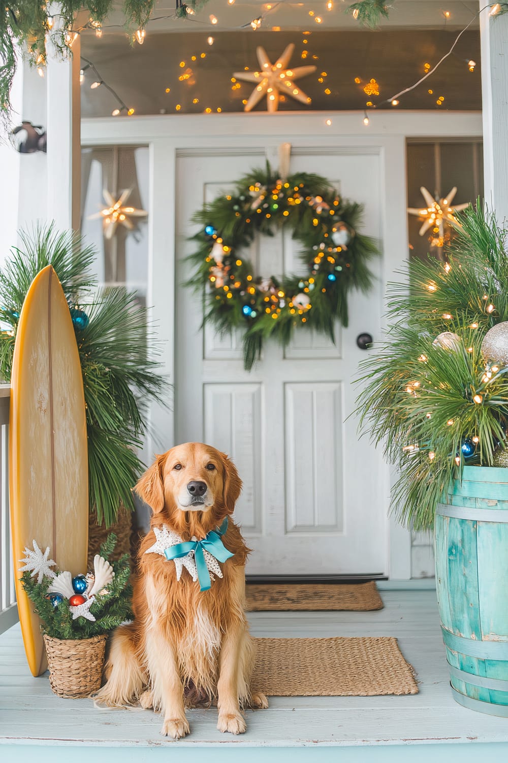 A festive beach house porch decorated for Christmas with a coastal theme. The whitewashed front door features a wreath made of seashells, starfish, and greenery, tied with a blue ribbon. A golden retriever with a blue ribbon around its neck sits on the porch, resting its paws on a sandy mat. Potted palm trees with white fairy lights and colorful ornaments flank the entrance. A wooden surfboard adorned with Christmas lights leans against the wall. Star-shaped lights are hung above the porch and a large star-shaped decoration is mounted above the door.