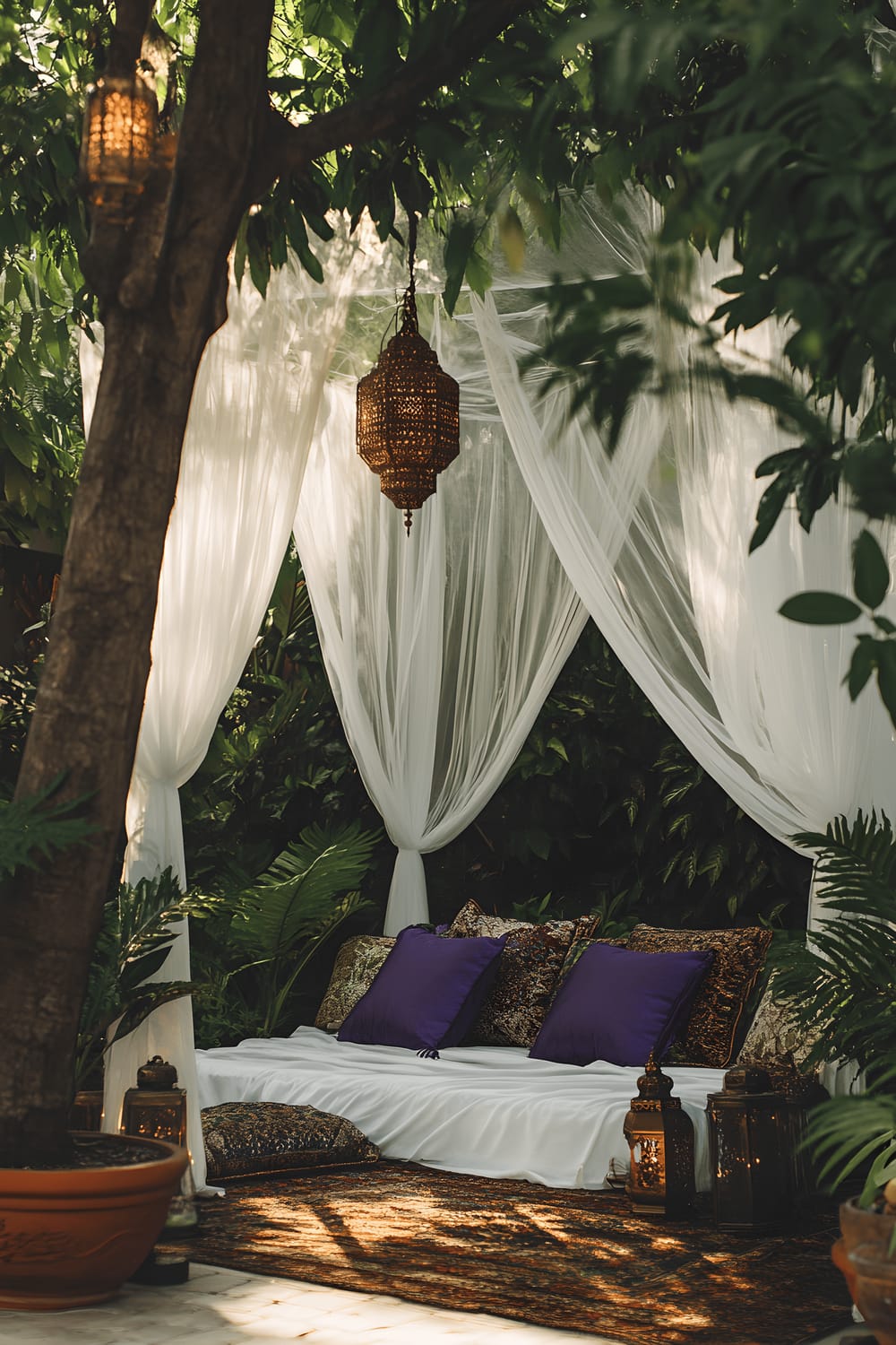 A luxurious backyard setup viewed from a slightly elevated angle during the golden hour. The central element is an outdoor canopy bed with flowing white sheer curtains, draped jewel-toned bedding, and plush pillows. The bed is set amidst tall potted ferns, and elegant lanterns hang from the nearby trees, illuminating the scene with soft, warm light.