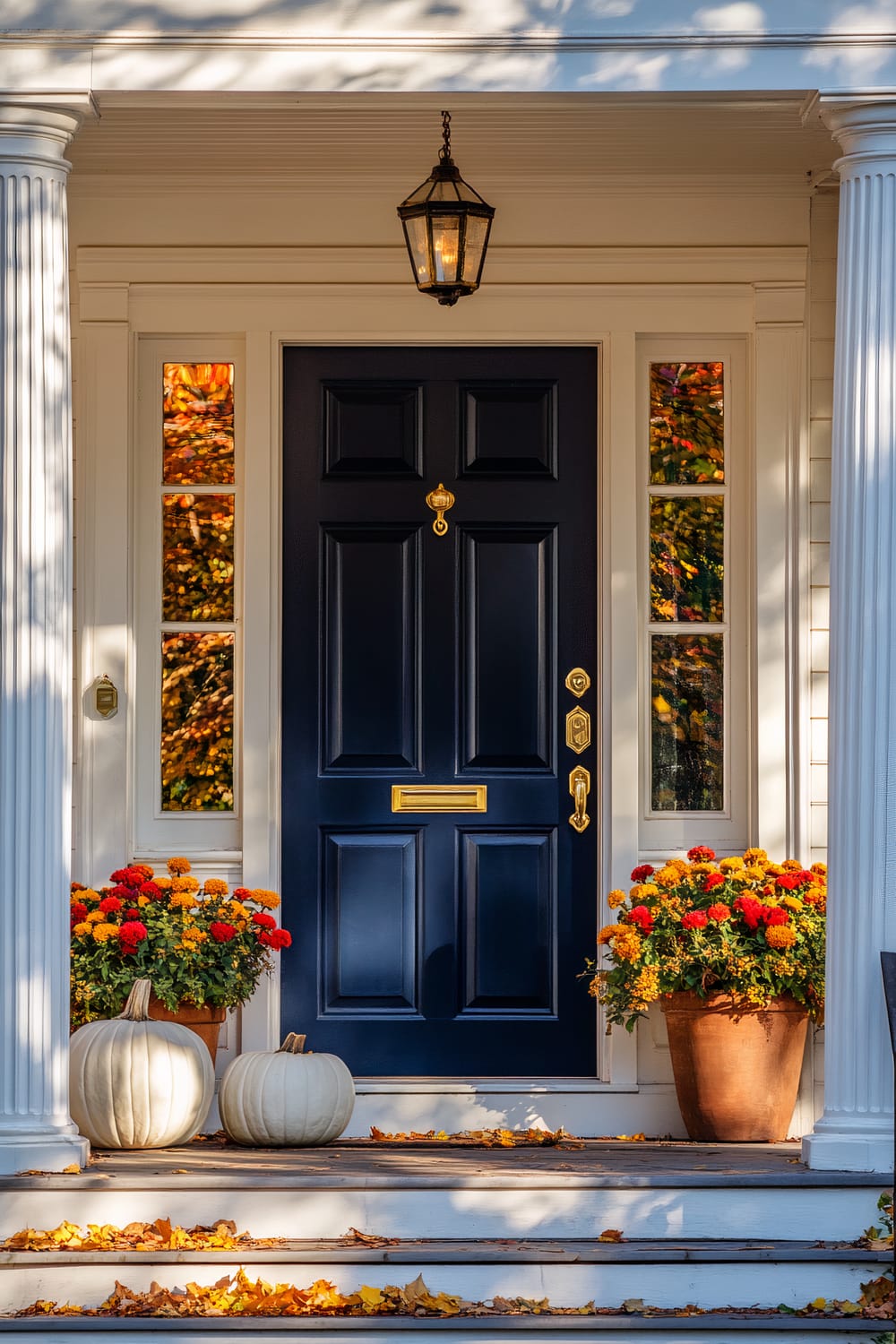 An elegant front door of a house painted navy blue with brass accents, flanked by white columns. Seasonal autumn decorations include chrysanthemums in shades of red, orange, and yellow in large terracotta pots, and white pumpkins placed on the steps leading to the door. Fallen autumn leaves are scattered on the steps and the ground.