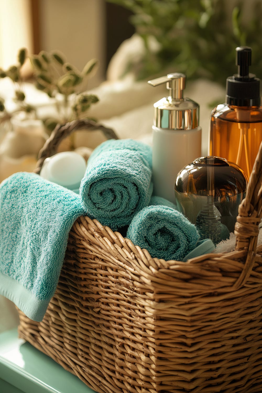 A wicker basket is filled with neatly rolled turquoise hand towels, a white soap dispenser with a silver pump, and an amber-colored pump bottle. In the background, there are blurred elements, including green foliage and dried flowers, contributing to a serene and spa-like ambiance.