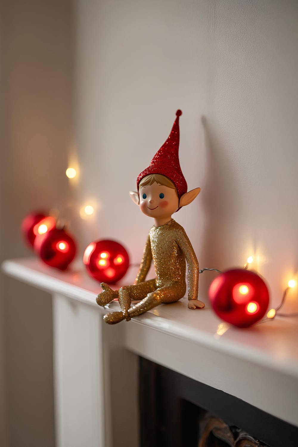 A single gold elf figurine is seated gracefully among five red fairy lights on a white fireplace mantel. The scene is set against a clean white wall, highlighting the elegant simplicity of the setup.