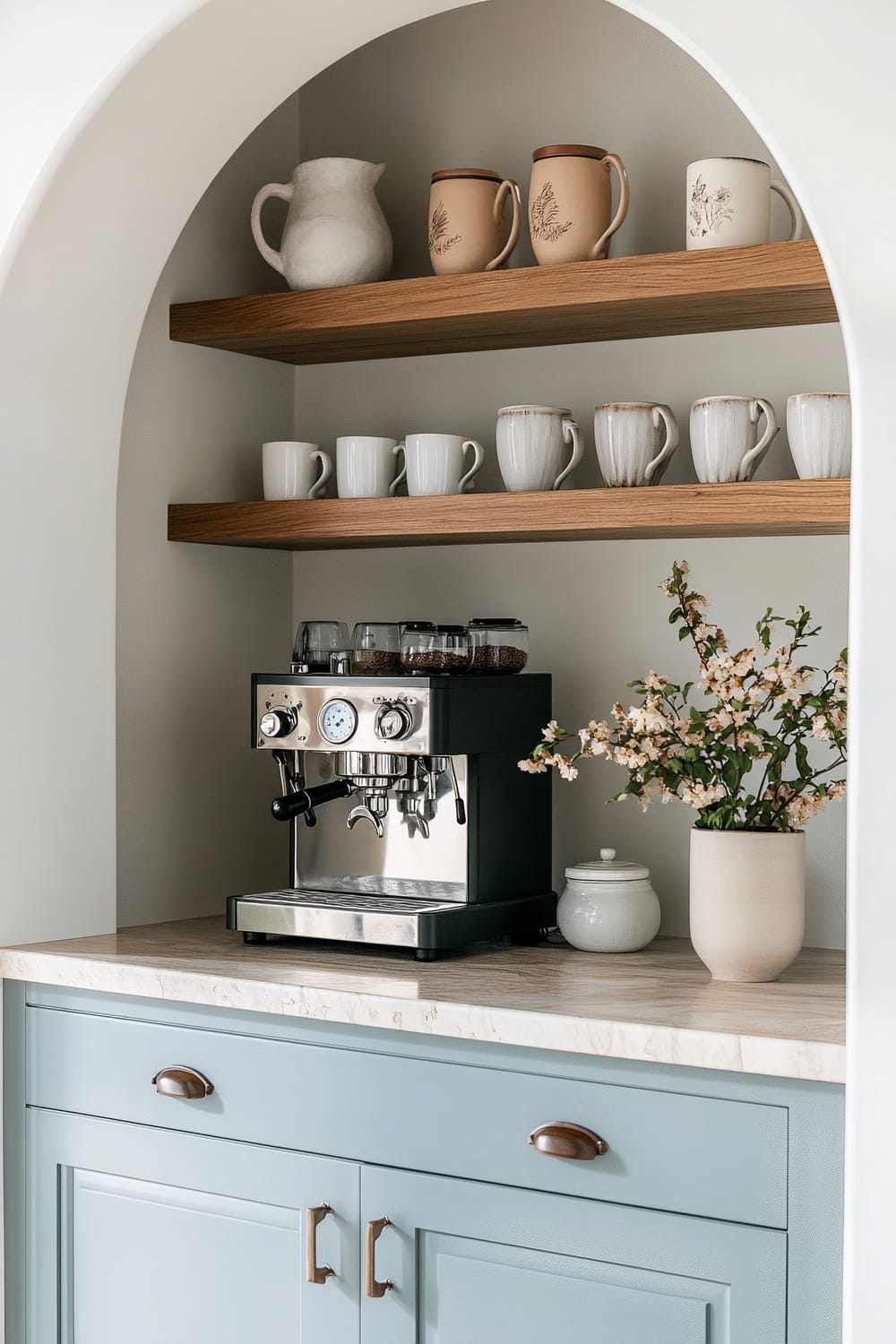 A stylish coffee nook featuring light blue cabinetry with brass handles. On the wooden countertop sits a modern, stainless steel espresso machine, next to a white vase with delicate light pink flowers and a small white container. Above, two wooden shelves hold an assortment of ceramic mugs in neutral tones and patterns, as well as a white pitcher.