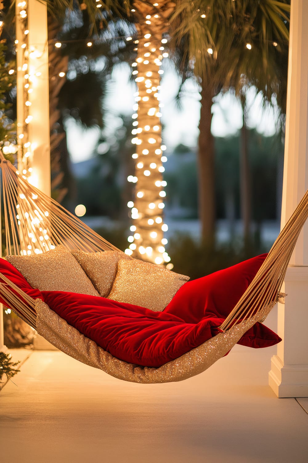 An oversized plush hammock with holiday decor on a porch. The hammock features bold red and gold fabric, with sparkling gold pillows, and is suspended by thick ropes. The background includes a palm tree wrapped in lights, enhancing the festive ambiance.