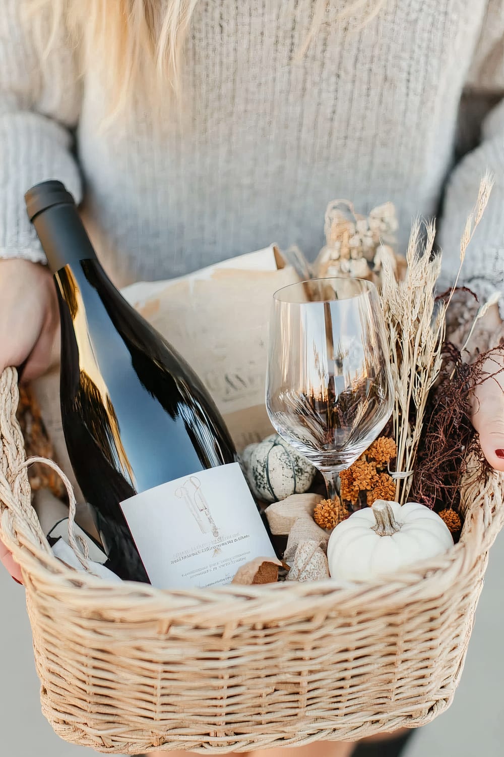 A person holding a wicker basket filled with assorted items. The basket contains a bottle of wine, a wine glass, a small decorative white pumpkin, dried flowers, and other small decorative elements. The person is wearing a light gray knitted sweater.