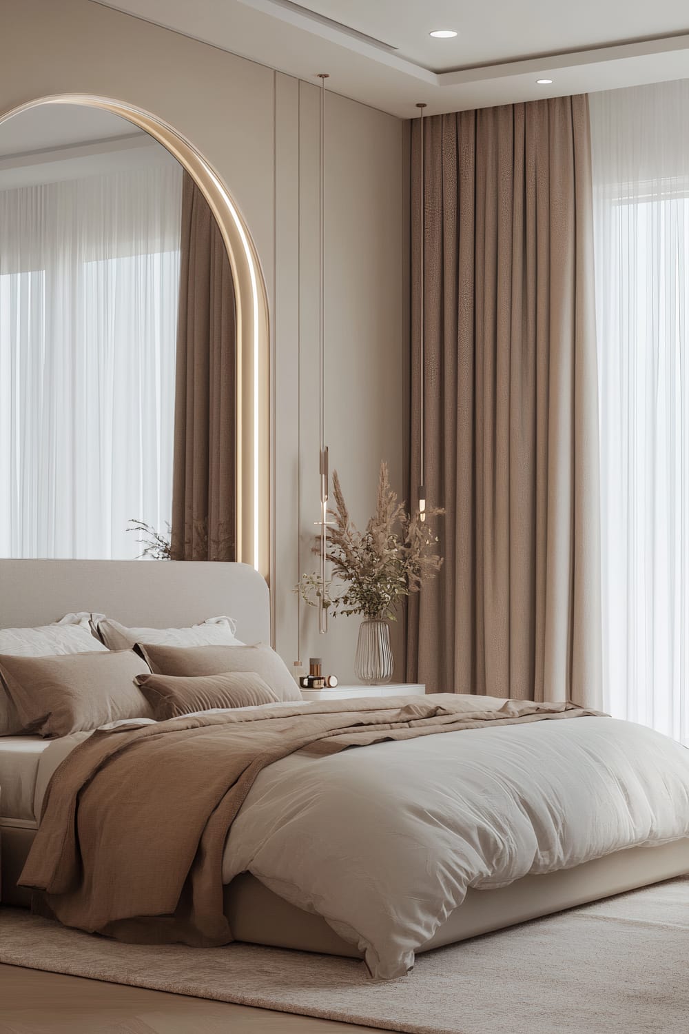 A serene bedroom in neutral tones with a large, elegantly framed mirror positioned to reflect natural light and room elements. The room features a neatly made bed with beige and brown bedding, a nightstand with flowers in a vase, floor-to-ceiling curtains, and pendant lights adding soft illumination.