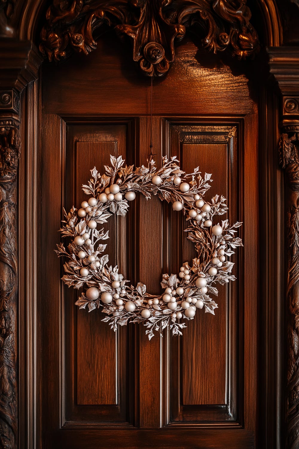 A closeup of a white porcelain holly wreath adorned with silver berries, hanging on a richly carved wooden door. The door is dark wood with intricate carvings and the wreath is softly illuminated by warm overhead lighting, highlighting its delicate details and creating a festive glow.