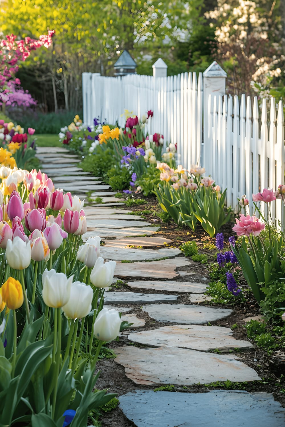 A picturesque stone pathway winds through a tranquil suburban garden, bordered by a sea of colorful tulips, hyacinths, and daffodils. To one side, a quaint white picket fence stands subtly in the background, complementing the scattering of lovely flowering shrubs that are bathed in the soft and warm light of the late morning sun.