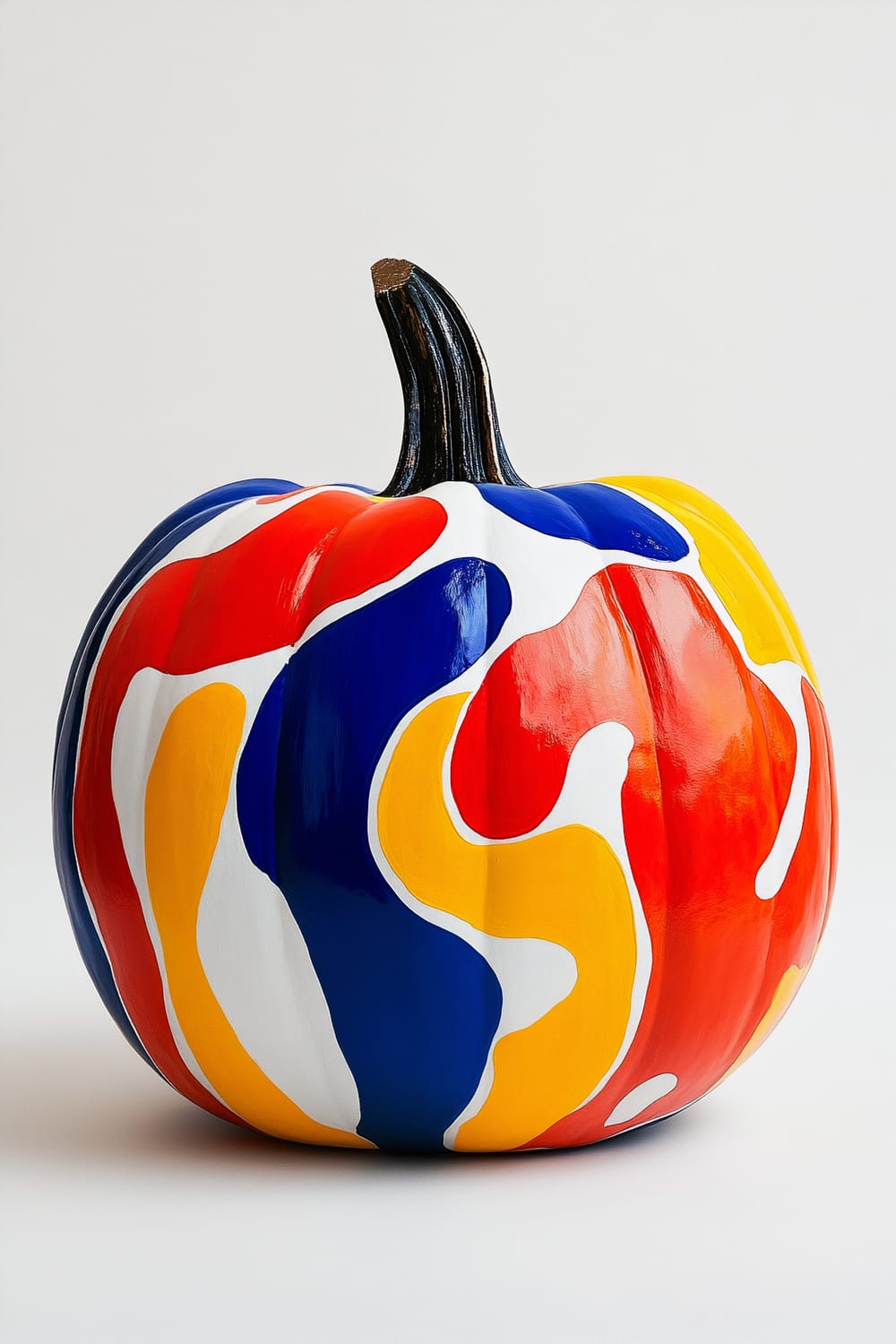 A pumpkin adorned in vibrant, abstract art, featuring swirling patterns in red, blue, yellow, and white. The stem is dark and contrasts sharply against the lively colors.