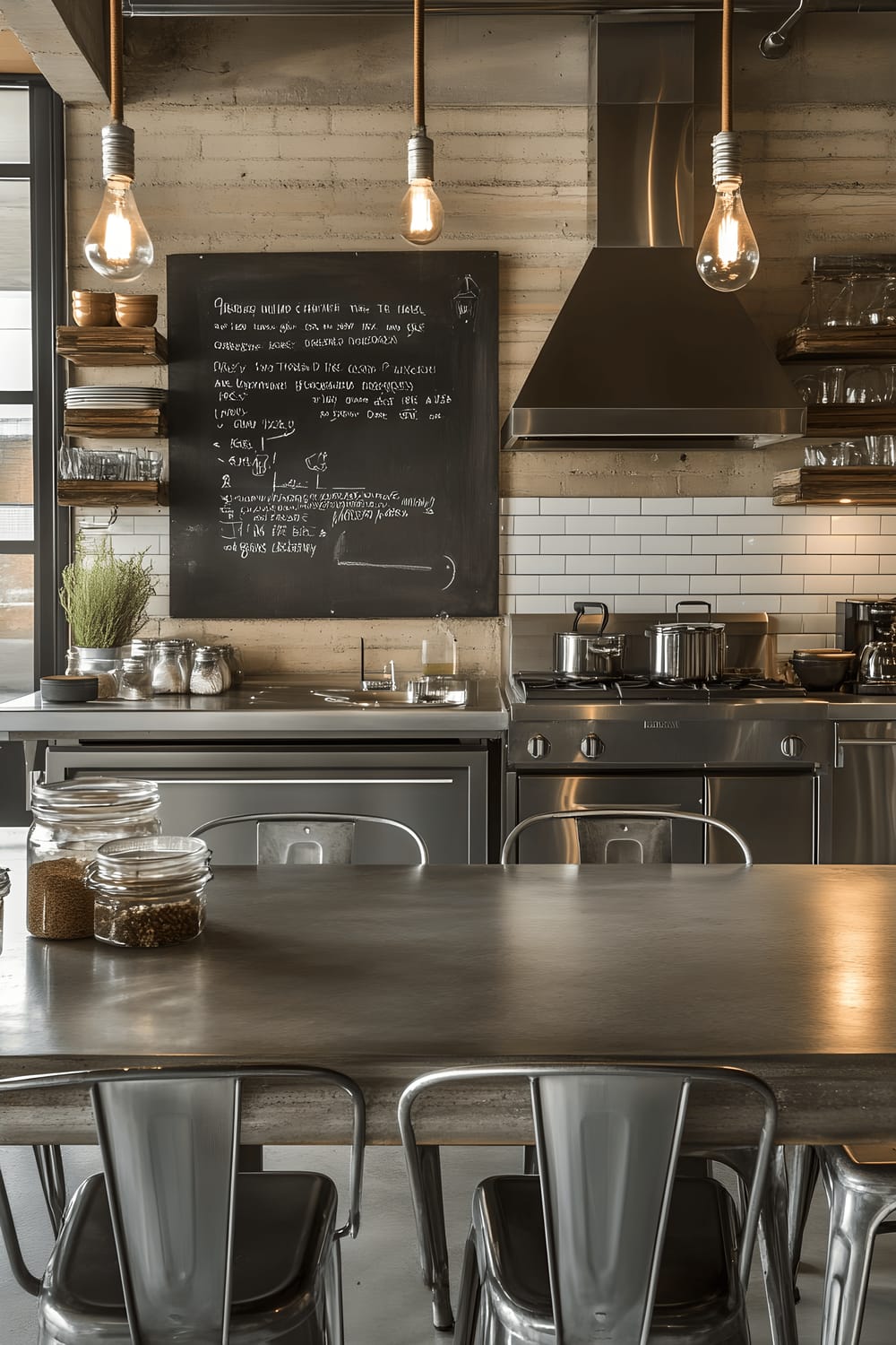 An industrial loft kitchen with exposed brick walls and stainless steel appliances. Over the concrete countertop is a large chalkboard displaying recipes and cooking tips in white chalk. Open metal shelving holds glass jars. A reclaimed wood dining table with metal chairs sits by the wall. Pendant lights with Edison bulbs provide a warm, ambient glow.