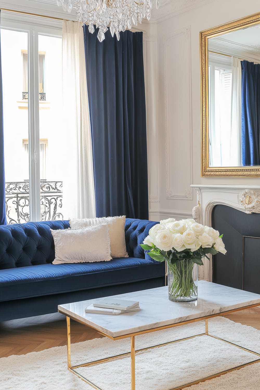 A sophisticated living room features a rich navy blue velvet tufted sofa adorned with gold and cream pillows. In front of the sofa is a sleek marble coffee table with gold legs resting on a plush cream rug. A large gold-framed mirror hangs above a sleek, modern fireplace to the right. Navy blue velvet curtains frame the large windows, contrasting with the pale dove-gray walls. Fresh white roses are arranged in a gold vase on the coffee table, while a crystal chandelier hangs from the ceiling, completing the elegant ambiance.