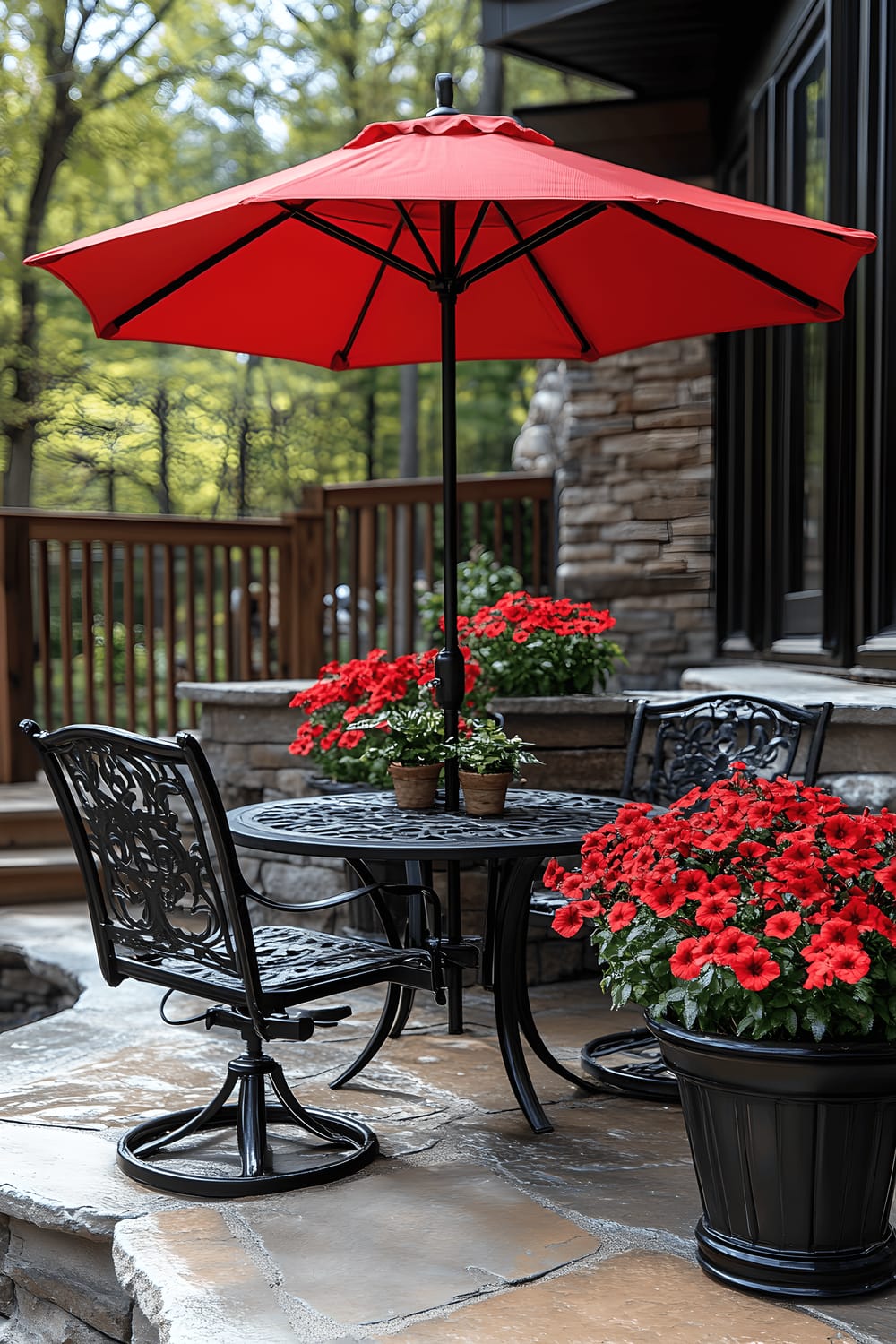 A small, inviting backyard featuring a seating area with a metal table and chairs, adorned with a patio umbrella. The area is further beautified with various potted plants and flowers. The background showcases a natural wooden fence, adding a rustic effect to the environment.