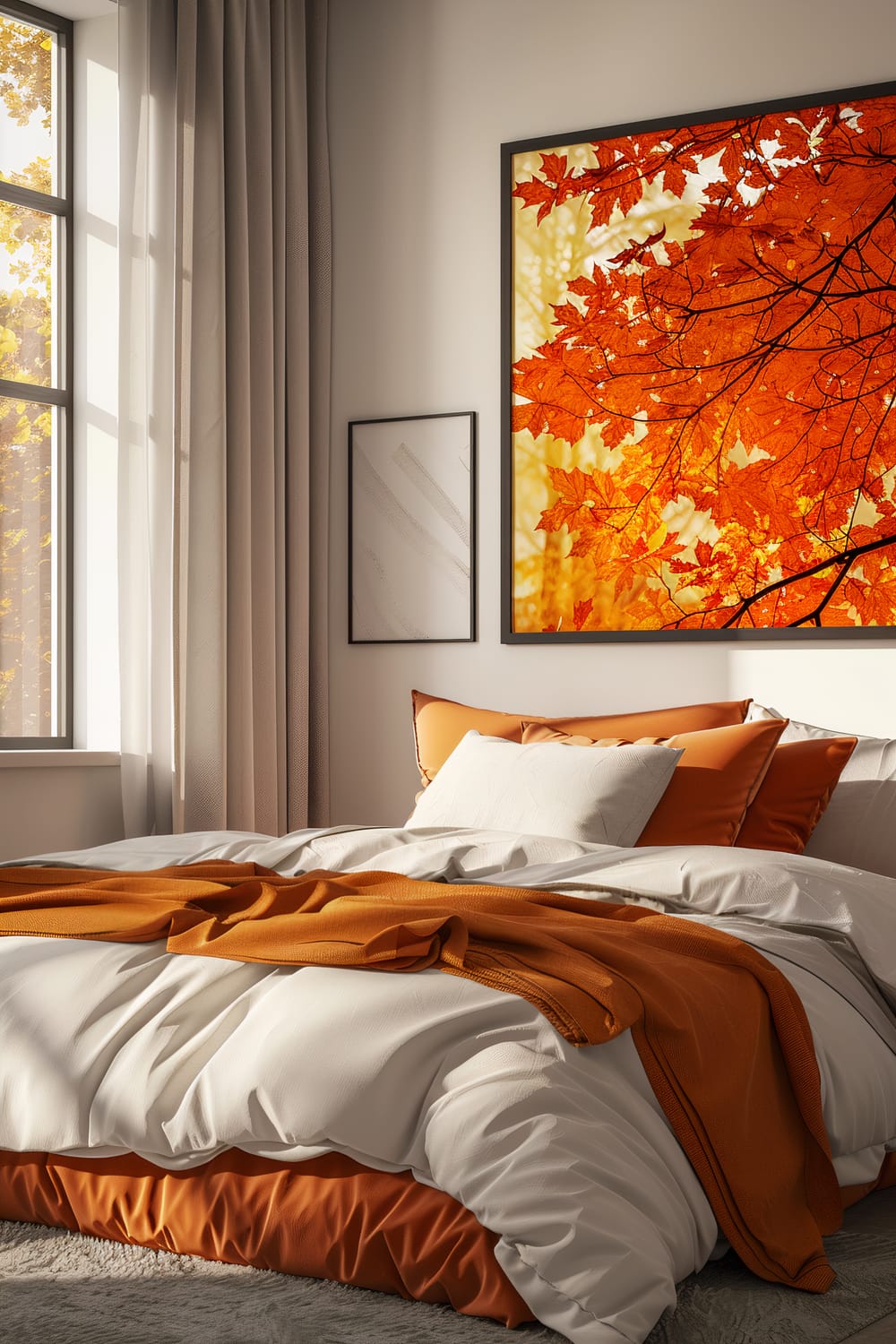 A bedroom with a large window allowing natural light to pour in, illuminating the space. The bed features white linens and vibrant orange pillows and blanket that give a pop of color. On the wall above the bed is a large framed picture of red-orange autumn leaves, complementing the room's color scheme. Beige floor-length curtains hang from the window.