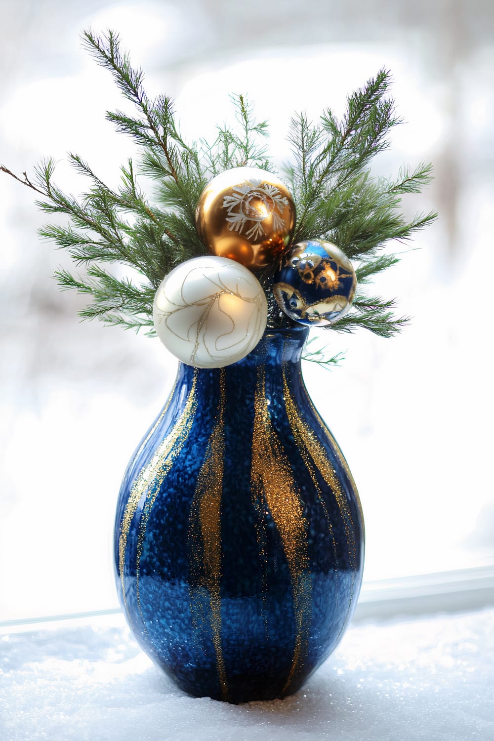 A blue ceramic vase with gold accents holding white Christmas ornaments and evergreen sprigs. The vase is displayed against a white, softly blurred background with a dramatic lighting effect creating deep shadows and highlights.