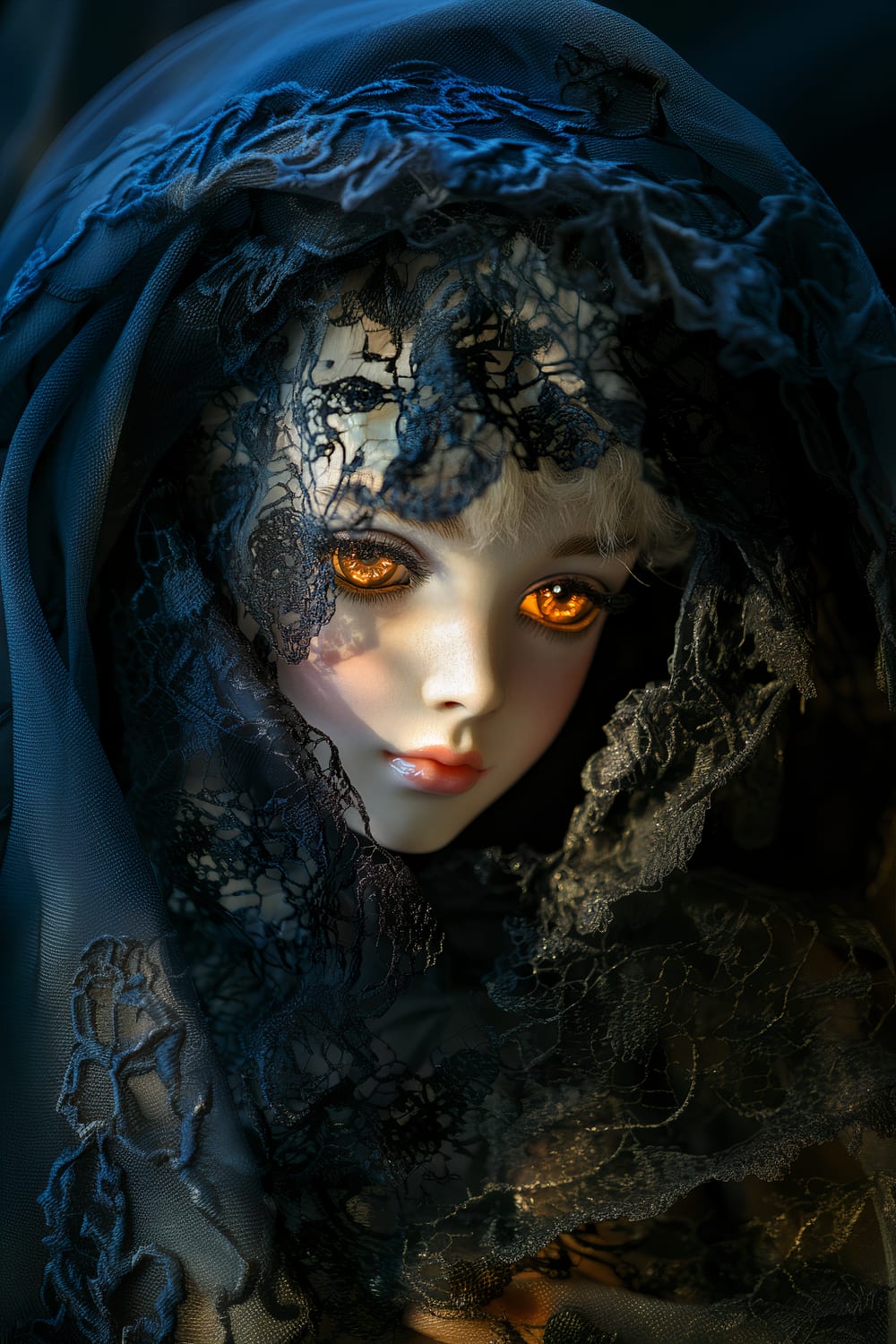 A closeup of a porcelain doll with lifelike, illuminated eyes. The doll is wrapped in ornate black lace, partially covering its face, with intricate details and soft, colored lighting accentuating its features.