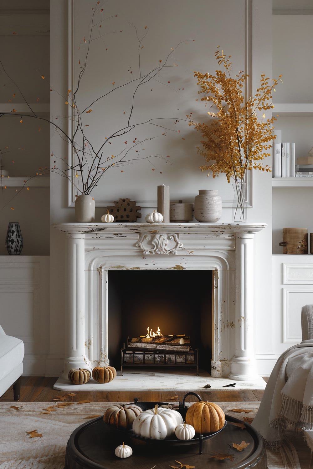 An elegantly styled living room features a white fireplace with a small fire burning inside. The mantel is adorned with autumnal decorations including branches with sparse leaves and few small white and orange pumpkins. Next to the fireplace are shelves with minimalistic decor such as white books and vases. A round wooden coffee table in the foreground holds more white and orange pumpkins as decorations. The room has a sophisticated, yet rustic feel, conveyed by a decorative white vase and wooden objects on the shelving.