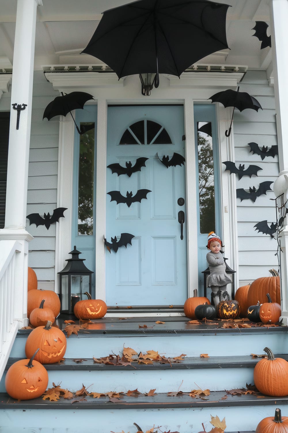 An exterior of a house decorated for Halloween. The light blue front door is adorned with black bat cutouts and flanked by black umbrellas hanging upside down. Numerous orange pumpkins, some carved into jack-o'-lanterns, are arranged on the porch steps along with scattered autumn leaves. A statue of a child in a grey outfit and red hat stands on the right side of the door, with additional pumpkins around its feet.