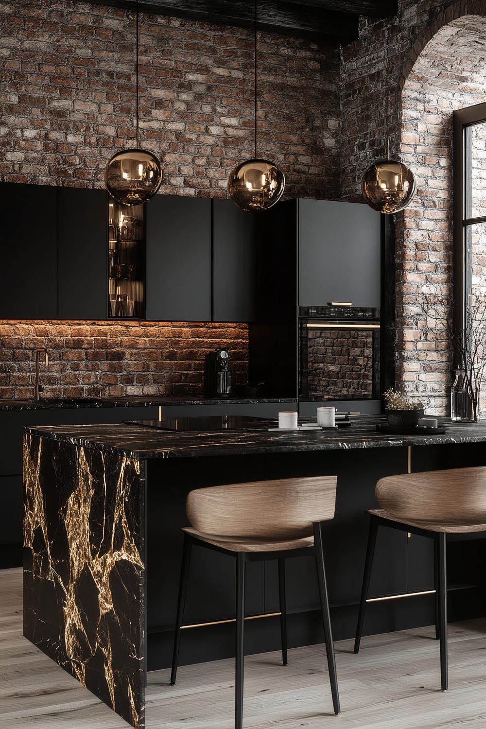 A modern kitchen with dark cabinetry, exposed brick walls, and an island featuring black marble with gold veining. Three spherical pendant lights with a metallic finish hang above the island, which has wooden bar stools with black metal legs. The room is well-lit by large windows, creating a mix of industrial and luxurious elements.