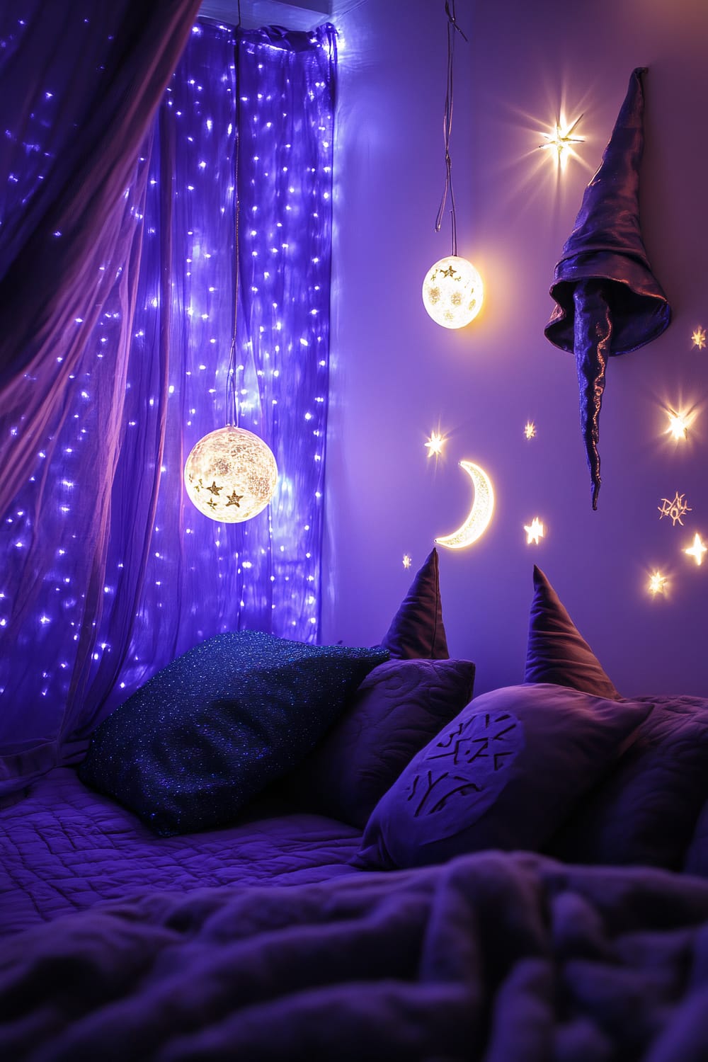 An enchanting bedroom with an array of deep purple and blue tones. The bed is adorned with large cushions, one of which is glittery, placed against a backdrop of a sheer purple curtain with twinkling fairy lights. The wall features glowing moon and star decors along with a hanging wizard hat.