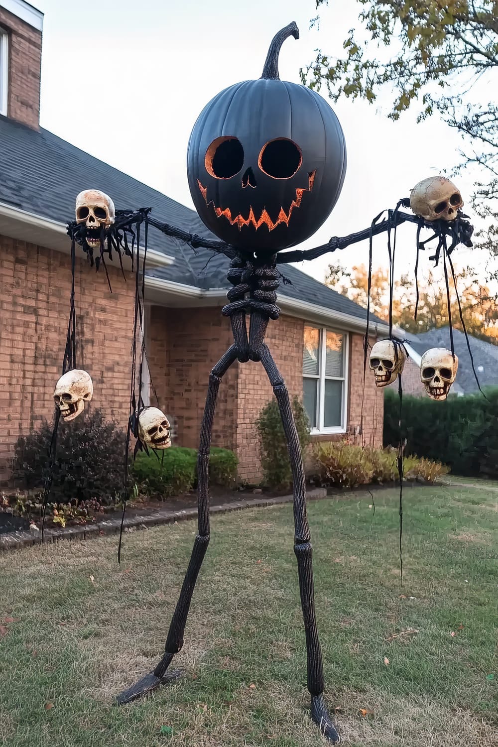 A menacing Halloween decoration featuring a tall, spindly figure with a black pumpkin head and glowing orange eyes and mouth. The figure has long, skeletal limbs and holds multiple hanging skulls attached by strings in each hand. The figure stands on the front lawn of a house with brick walls and a sloping roof, surrounded by bushes and trees in autumn colors.