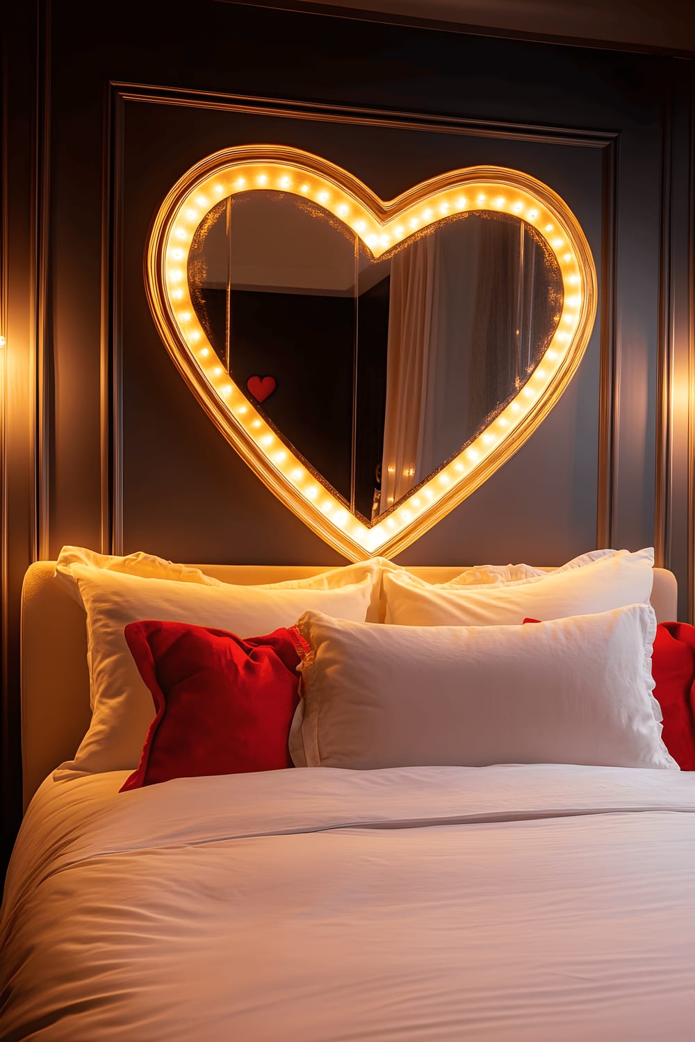 A stylish bedroom featuring a queen-sized bed with white linens and red accent pillows. A large, golden heart-shaped mirror hangs above the bed, reflecting soft fairy lights strung around the room. The ambient lighting intensifies the romantic aesthetic of the space.