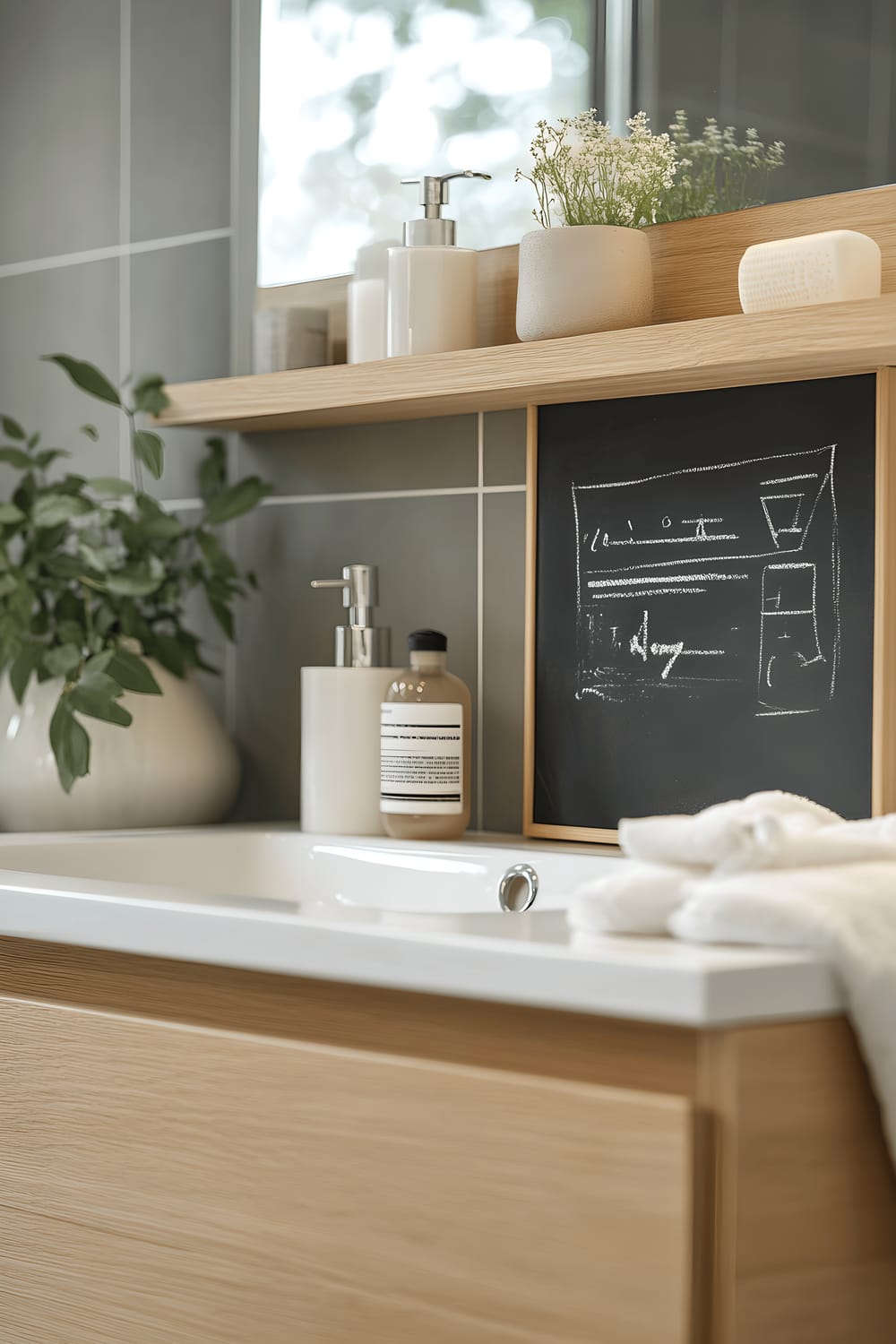 A Scandinavian-inspired bathroom with light wood cabinetry, a floating vanity, subway tile walls and a frameless glass shower. A small chalkboard on a shelf exhibits minimalist drawings and daily affirmations. A window invites in soft, natural light.