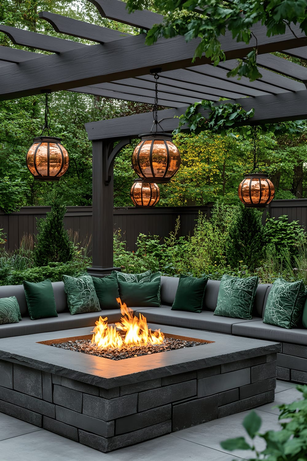 A beautiful outdoor patio space featuring a sharp fire pit surrounded by charcoal grey stone seating and garnished with emerald green pillows. Copper lanterns hang from a wooden pergola above, casting a warm and enthralling light that transforms the area into an inviting evening gathering place.