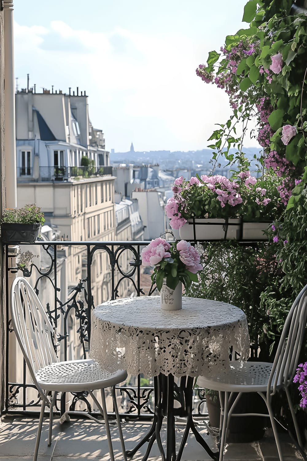 A quaint rooftop patio overlooking Paris, featuring wrought-iron railings and a bistro table set with white metal chairs, a lace tablecloth and a vase of peonies. Window boxes filled with trailing geraniums and lavender frame the space.