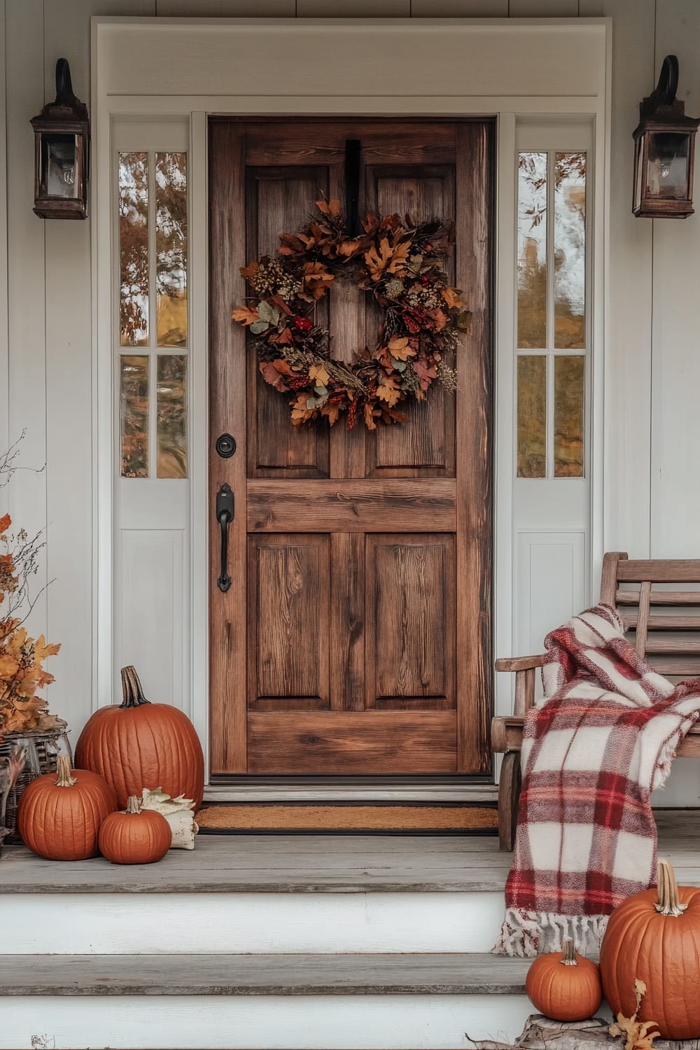 A front porch decorated for autumn with a warm, rustic aesthetic. The focal point is a wooden door adorned with a fall-themed wreath made of dried leaves in shades of orange, red, and brown. Flanking the door are narrow windows. On the porch steps, there are several pumpkins of various sizes and a basket with autumn leaves. To the right is a wooden bench with a red and white plaid blanket draped over the armrest. Two lantern-style wall sconces are mounted on either side of the door.