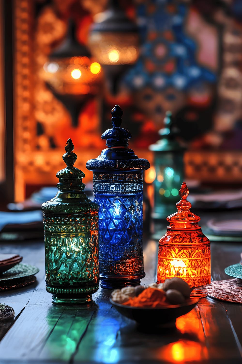 A lush dining room setting capturing a rich table centerpiece composed of vibrant Ottoman-inspired glass lanterns in emerald and sapphire shades, accompanied by an attractive arrangement of traditional spices in clear glass containers. The lanterns cast intricate patterns of shadow on a dark wooden table. The vivid colors of the lanterns and spices present a striking contrast against the elegantly ornate background, adorned with detailed patterned textiles and warm lighting, embodying an Istanbul-inspired dining room ambiance.